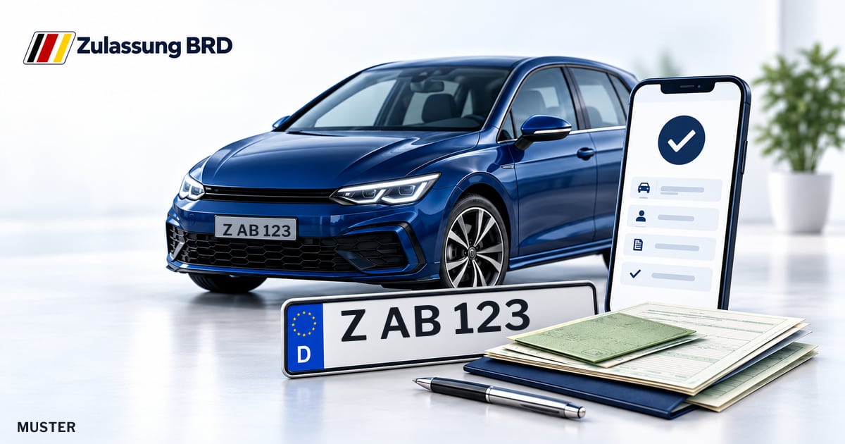 Online Fahrzeugzulassung in Limbach-Oberfrohna: Musterkennzeichen Z AB 123, Auto und Fahrzeugpapiere und Smartphone. Illustration mit Logo von Zulassung BRD.